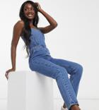 Asos Design Tall Denim Square Neck Fitted Jumpsuit In Mid Wash-blues