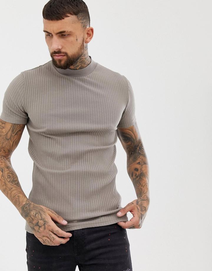 Asos Design Muscle Fit T-shirt In Rib With Turtleneck In Beige - Beige