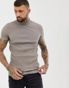 Asos Design Muscle Fit T-shirt In Rib With Turtleneck In Beige - Beige