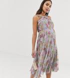 Asos Design Maternity Pleated High Neck Midi Dress In Summer Floral Print-multi