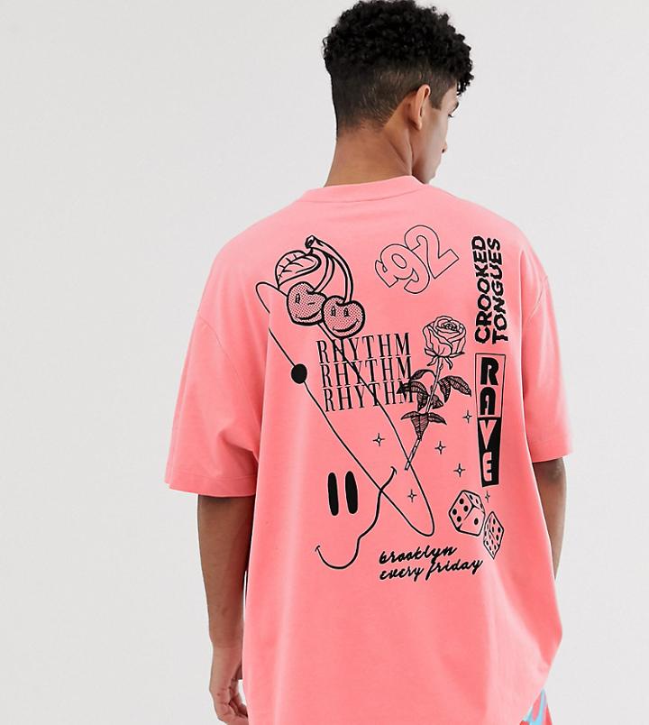 Crooked Tongues Oversized T-shirt In Rhythm And Sketch Mixed Print-red