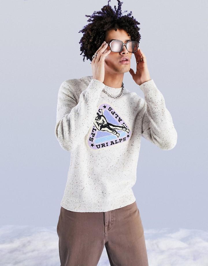 Asos Design Knit Speckled Yarn Sweater With Ski Applique-neutral