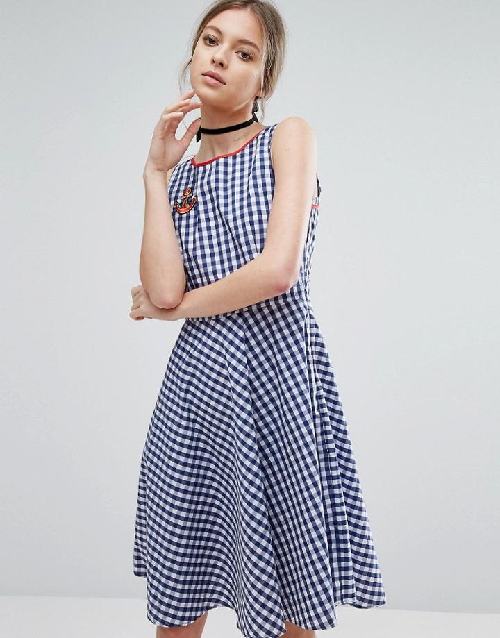 Trollied Dolly Gingham Skater Dress With Anchor Badge - Blue