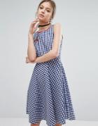 Trollied Dolly Gingham Skater Dress With Anchor Badge - Blue