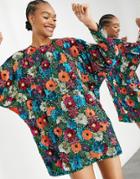 Asos Edition Blouson Sleeve Mini Dress With Floral Embellishment-multi