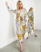 Asos Edition Satin V-neck Oversized Midi Dress With Drawstring In Large Floral Print-multi