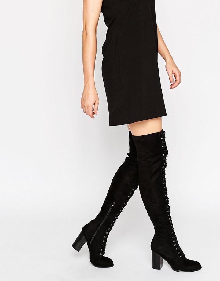 Public Desire Blake Lace Up Heeled Over The Knee Boots - Black Suede
