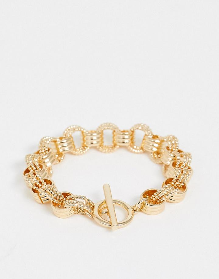 Asos Design T Bar Bracelet In Textured Chain Links In Gold Tone