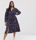 Glamorous Curve Midi Dress With Ruffle Shoulders In Sunflower Print-navy