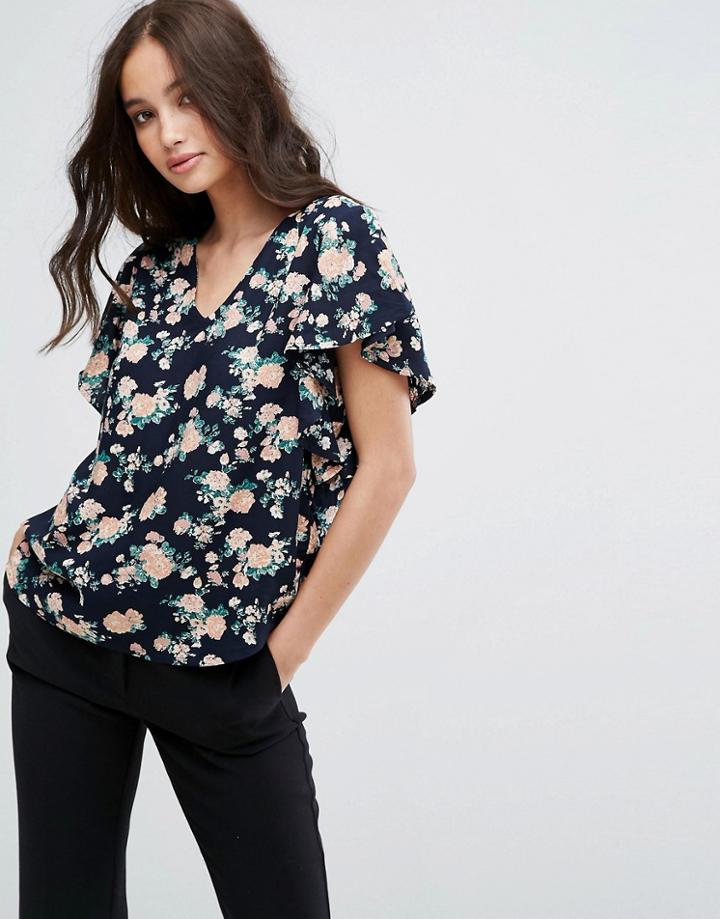 Y.a.s Shanti Floral Print Ruffle Sleeve Blouse - Blue