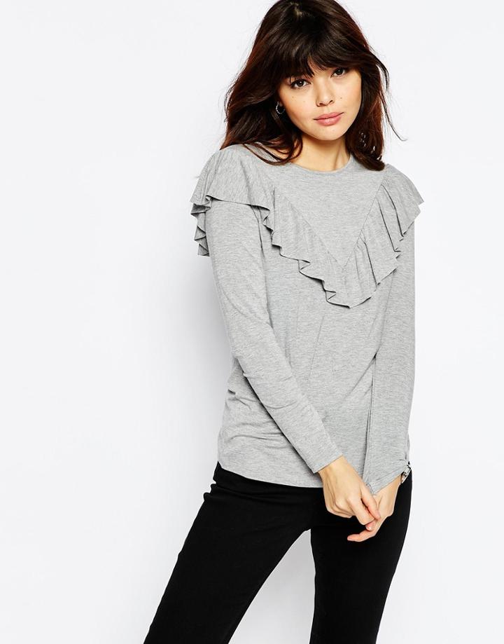 Asos Top With Long Sleeve And Ruffle Front - Gray Marl