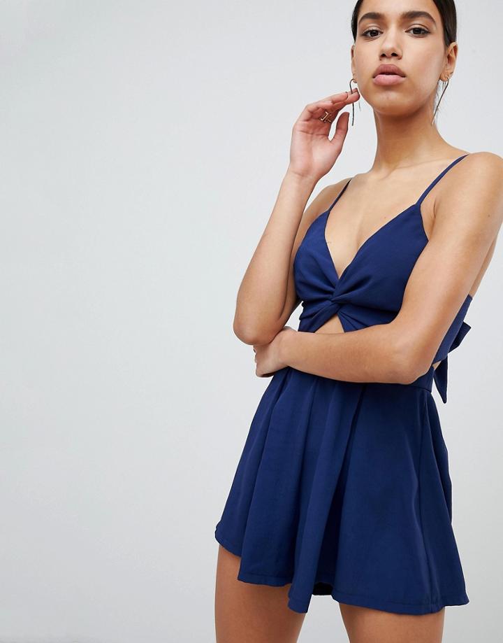 Parallel Lines Twist Front Romper With Tie Back - Navy