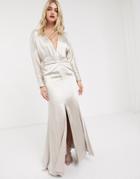 Asos Edition Satin Maxi Dress With Blouson Sleeve And Back Detail-cream