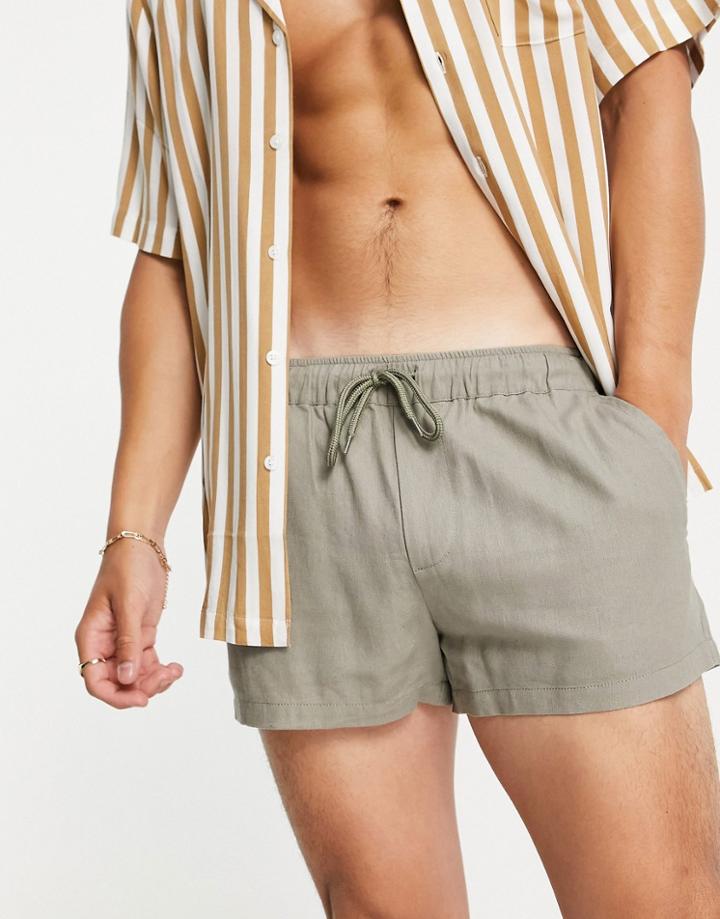 Asos Design Slim Shorter Shorts In Khaki Linen-green