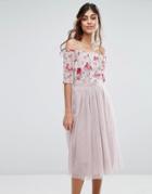 Little Mistress Midi Dress With Embroided Bodice And Tulle Skirt - Multi