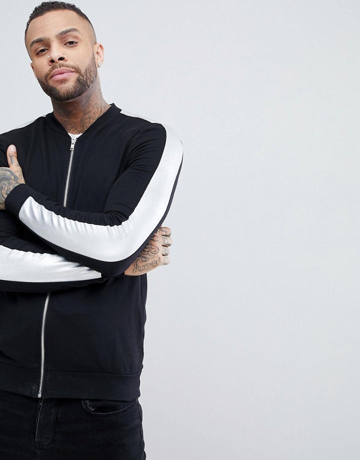 Asos Muscle Jersey Bomber Jacket With Metallic Panel - Navy