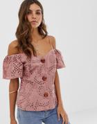 Asos Design Broderie Off Shoulder Top With Contrast Buttons-white