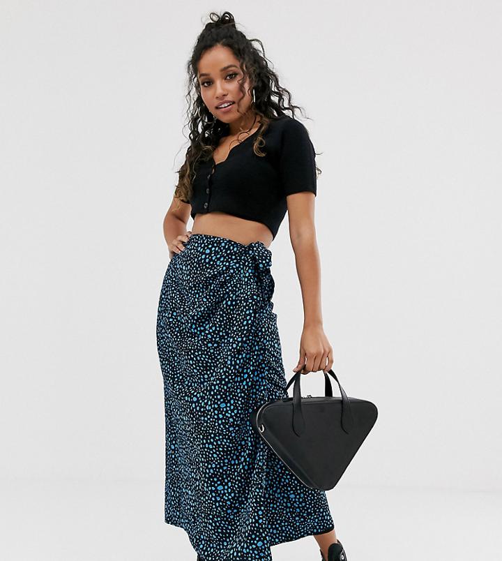 Fashion Union Petite Tie Waist Midi Skirt In Blue Dalmatian - Multi