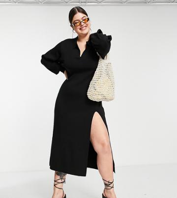Pretty Lavish Curve Collared Knit Midi Dress In Black-neutral
