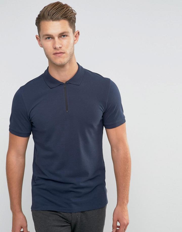 Jack & Jones Zipped Pique Polo - Navy