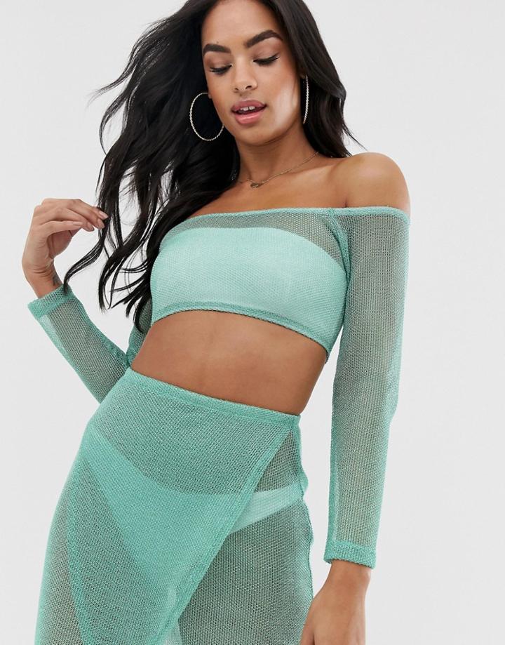 Asos Design Metallic Aqua Knitted Jersey Mesh Off Shoulder Beach Crop Top Two-piece - Blue