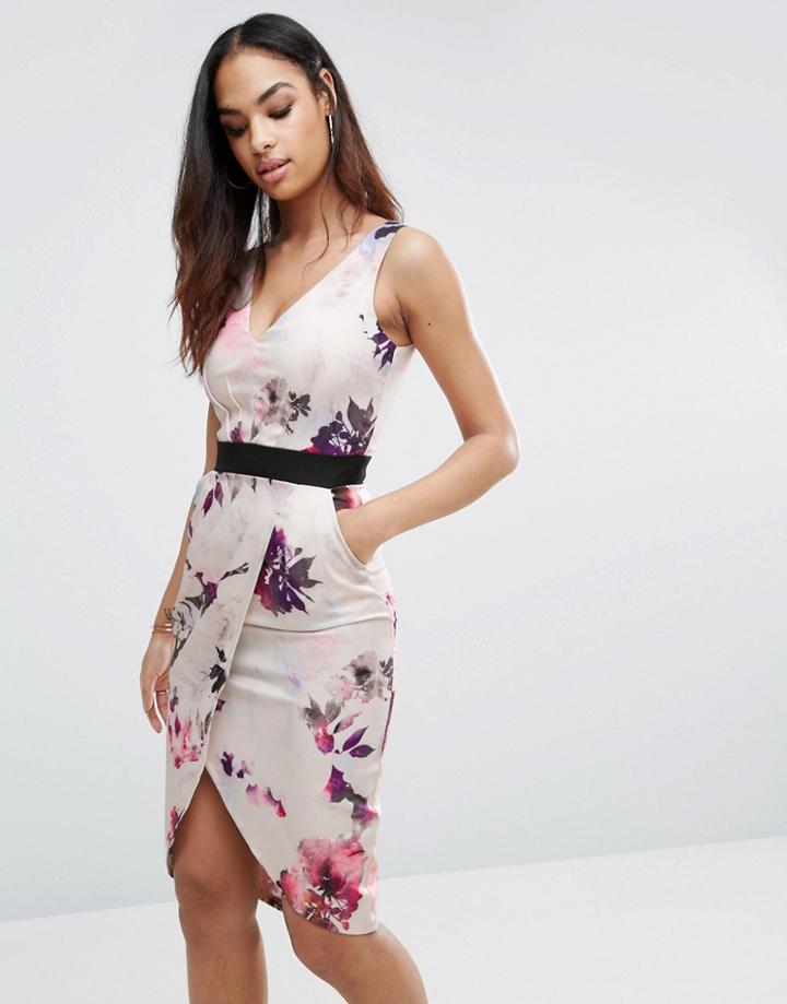Little Mistress Petal Print Plunge Midi Dress - White