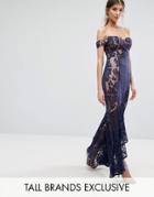 Jarlo Tall All Over Lace Off Shoulder Fishtail Maxi Dress - Navy