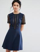 Elise Ryan Skater Dress With Lace Inserts - Navy
