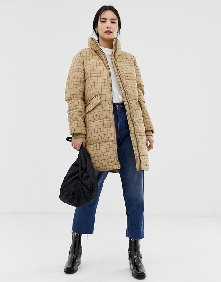 Ichi Check Padded Coat - Cream