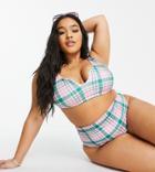 Asos Design Curve Crop Bikini Top With Notch In Check Print-multi