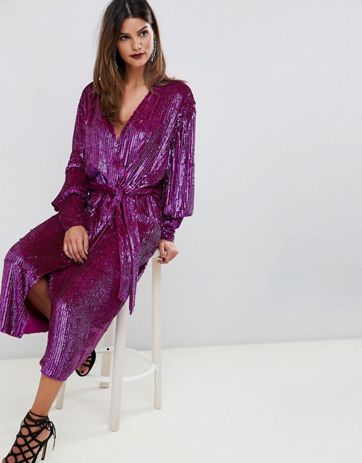 Asos Edition Sequin Wrap Midi Dress - Pink
