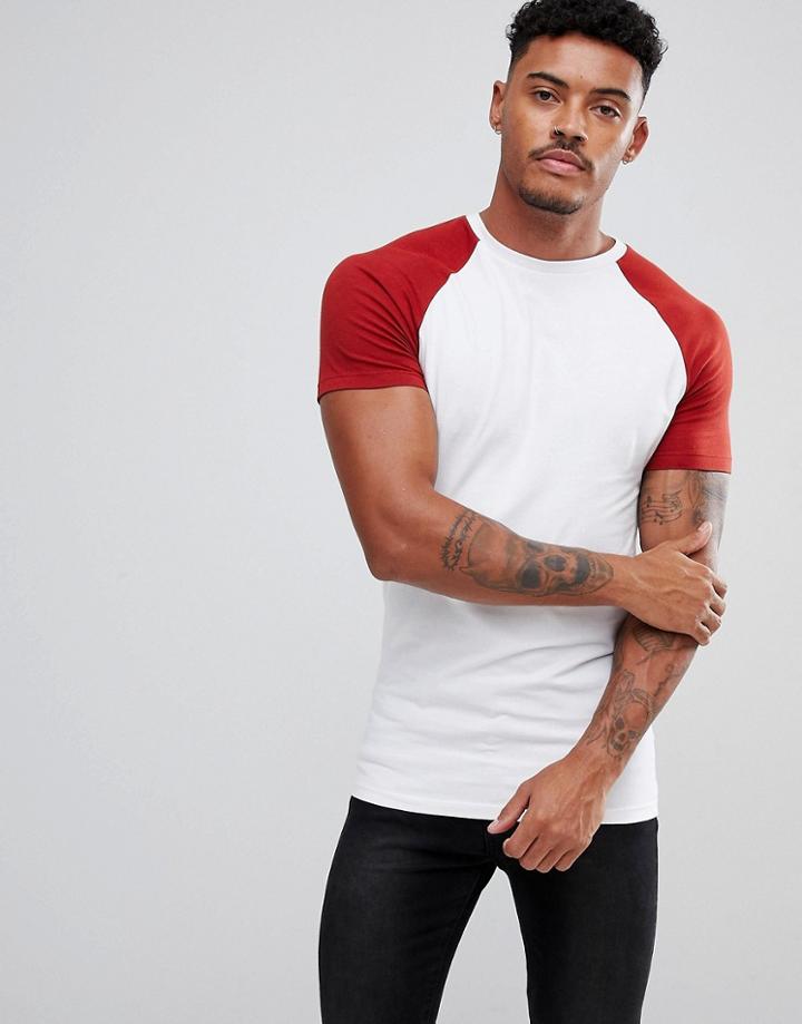 Asos Longline Muscle Fit Raglan T-shirt In White - Multi