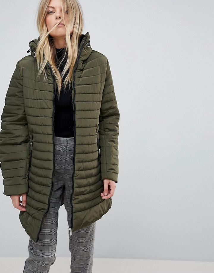 Qed London Longline Padded Coat - Green