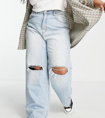 Don't Think Twice Plus High Rise Straight Dad Jeans With Knee Rips-blue