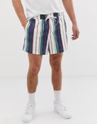 Asos Design Slim Shorter Shorts In Washed Stripe - Blue