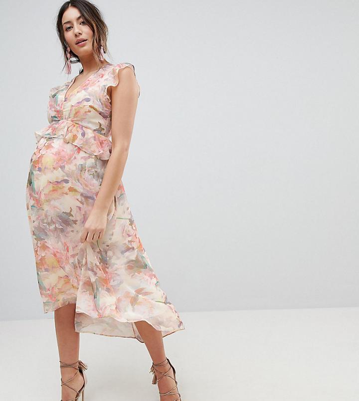 Hope & Ivy Maternity All Over Floral Printed Dress With Ruffle Trims - Multi