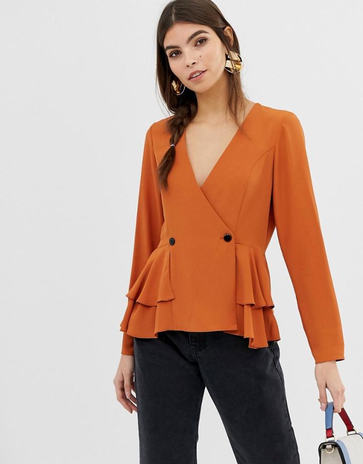 Asos Design Long Sleeve Tux Top With Button Detail-tan