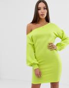 Asos Design Off Shoulder Sweat Dress With Bell Sleeve - Green