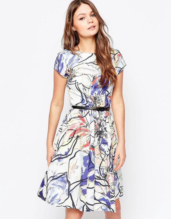 Closet Belted Skater Dress In Bold Sketchy Floral - Multi