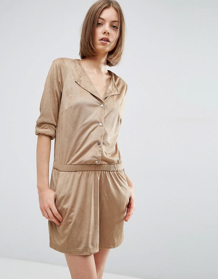 Vila Faux Suede Dress With Elastic Waist - Tan