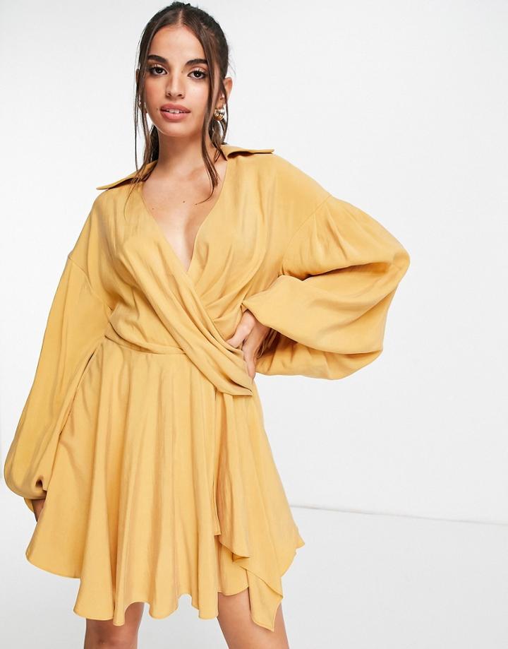 Asos Design Cupro Blouson Shirt Mini Dress With Drape Detail-yellow