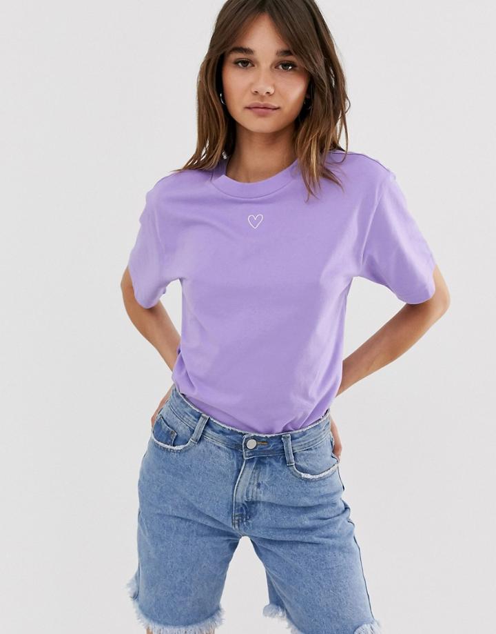Monki Oversized Crew Neck T-shirt With Heart Logo In Lilac - Purple