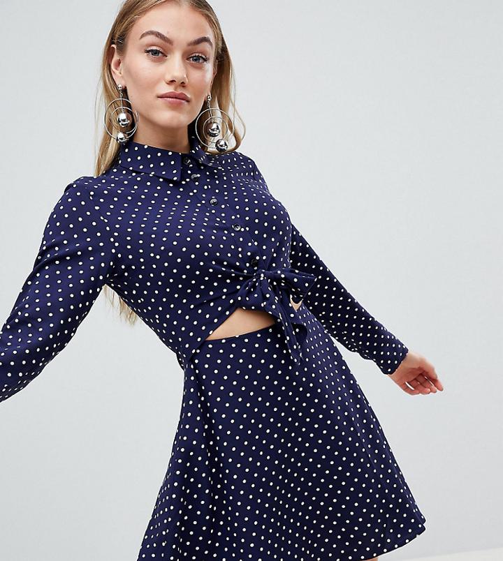 Asos Design Petite Tie Front Shirt Mini Dress In Spot - Multi