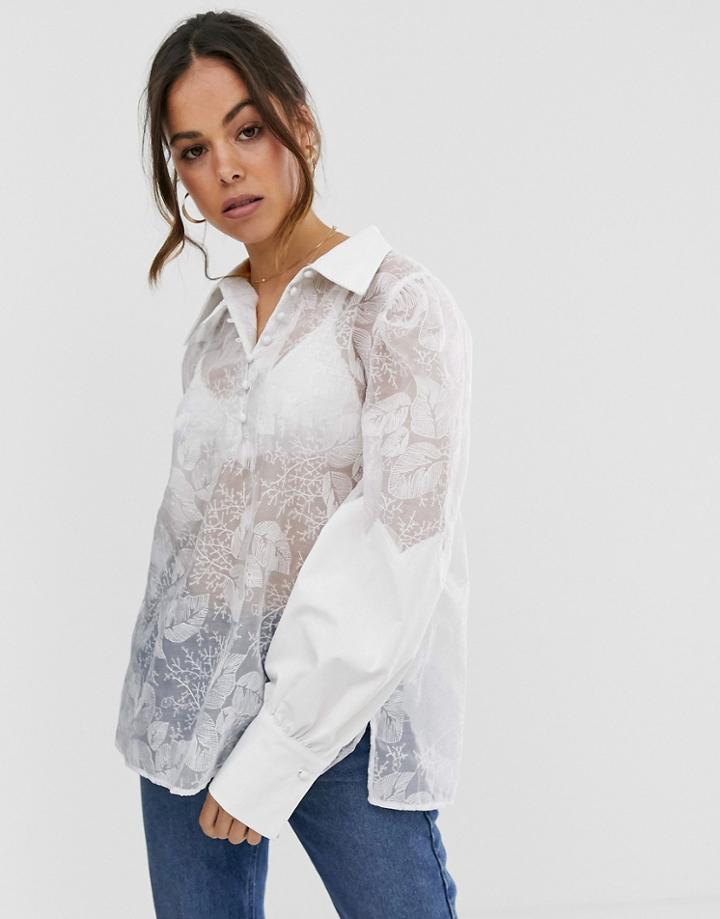 Ghospell Oversized Shirt In Mesh With Floral Embroidery - White