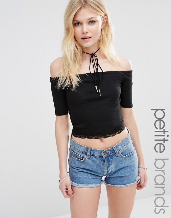 New Look Petite Bardot Lace Trim Crop Top - Black