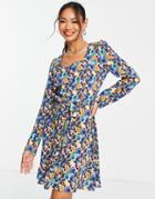 Trendyol Patterned Square Neck Mini Dress In Blue-blues