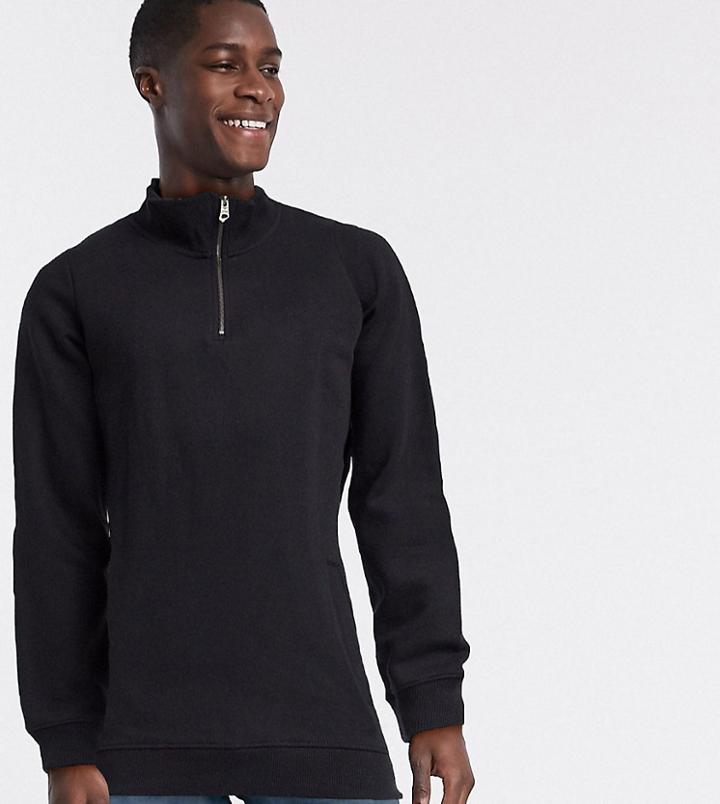 Threadbare Tall High Neck Half Zip Sweat In Relaxed Fit-black