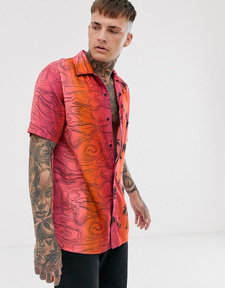 Liquor N Poker Short Sleeve Shirt With Revere Collar And Splice Design In Red