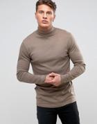 Asos Muscle Fit Roll Neck Long Sleeve T-shirt - Brown