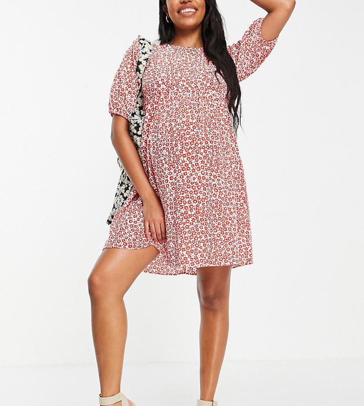 Asos Design Maternity Short Sleeve Smock Mini Dress In Red Floral Print-multi